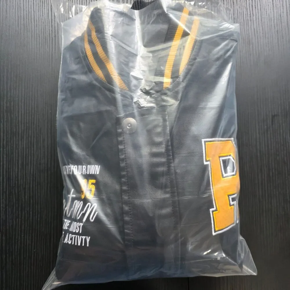 Vintage Style Faux Leather Varsity Jacket Yellow Black Bomber